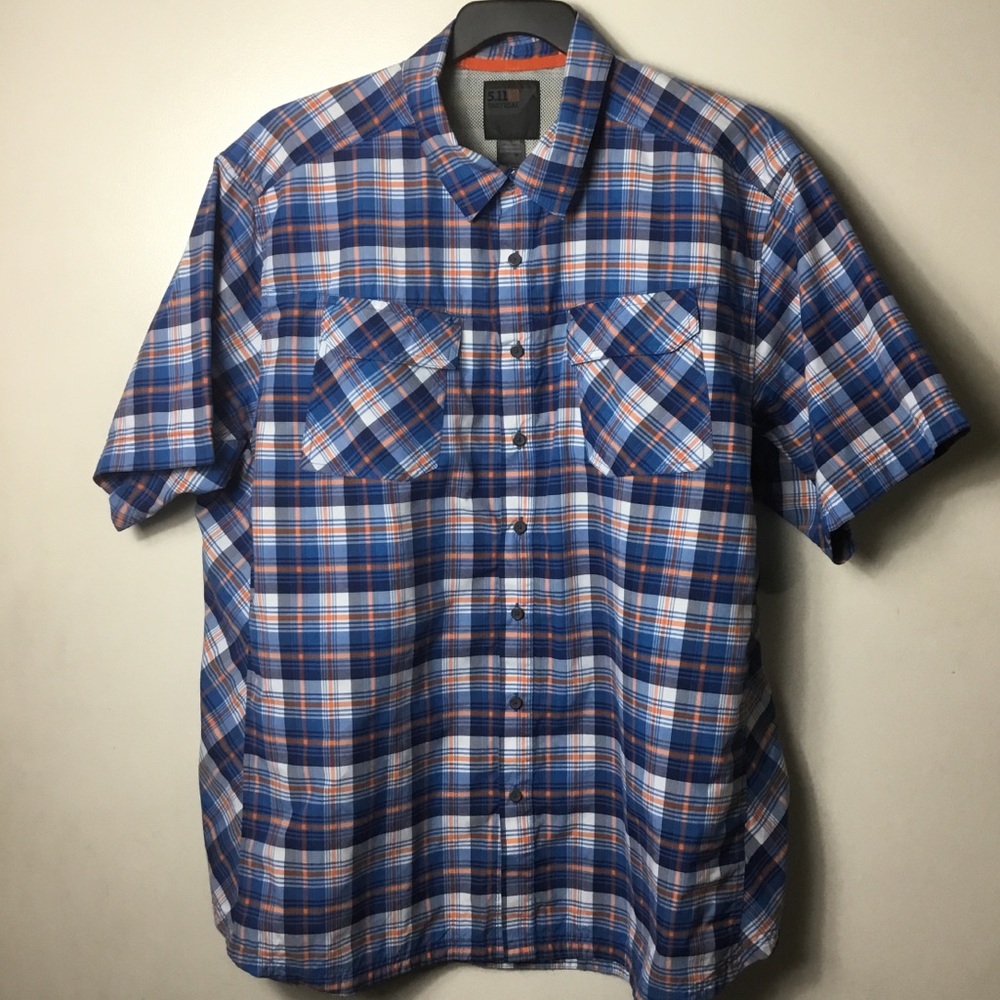 5.11 Tactical Men's Blue and Orange Plaid Short Sleeve Button-Down